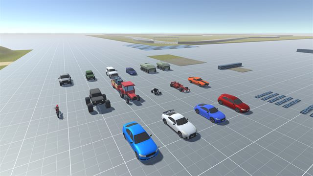 Vehicle lineup on the test track: cars, a monster truck, a kart, a formula car, armoured multi-axle vehicles, a tractor and a motorcycle