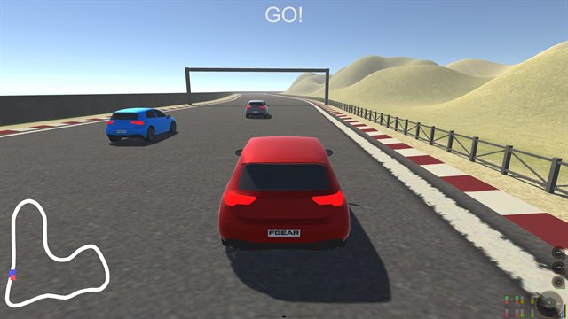 Race start against AI drivers, with the minimap and gauge UI on screen