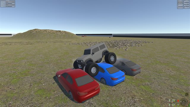 Tire model and pressure switcher demo, with cars and a monster truck on rough off-road terrain