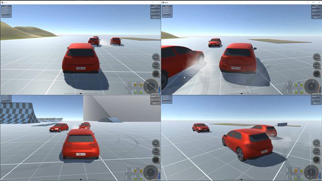 Four game clients side by side running the networked multiplayer sample
